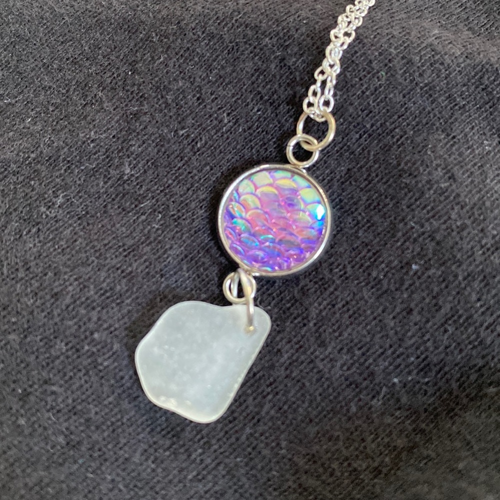 Mermaid Scale and Sea Glass Pendant on Sterling Silver Chain